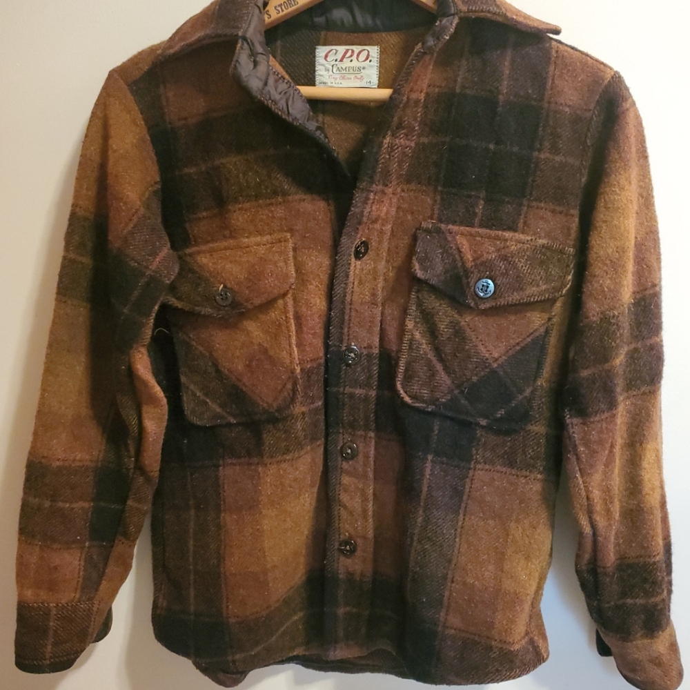 ,Vintage 1970s CPO By Campus Flannel Jacket Shirt  Button USA 14 Small